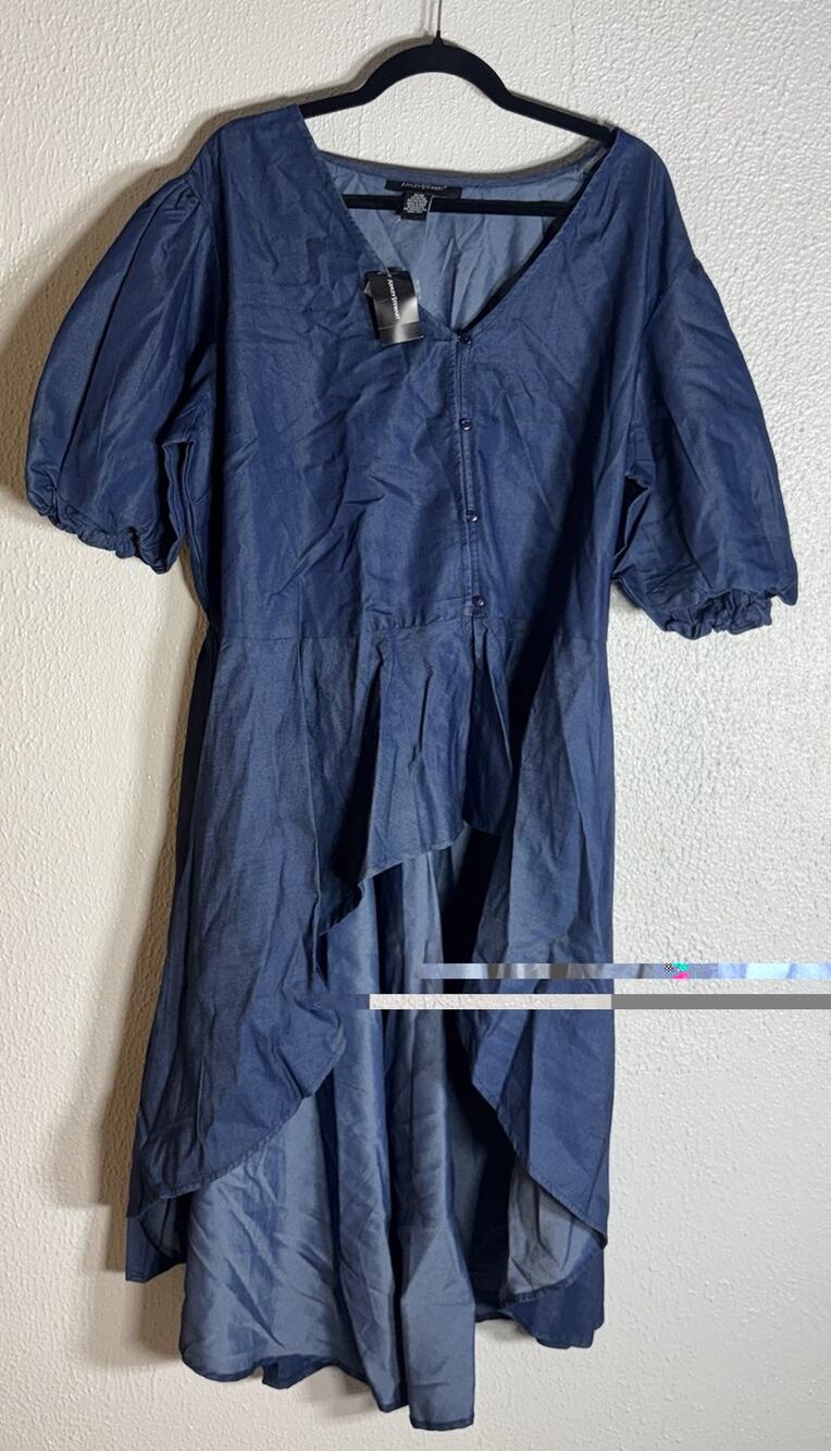 Women's Blue V-Neck Button Front Puff Sleeve Cotton Short Dress Size 18/20